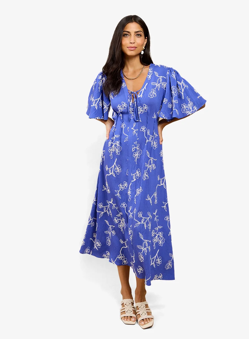 Little Mistress Blue embroidered Midi Dress